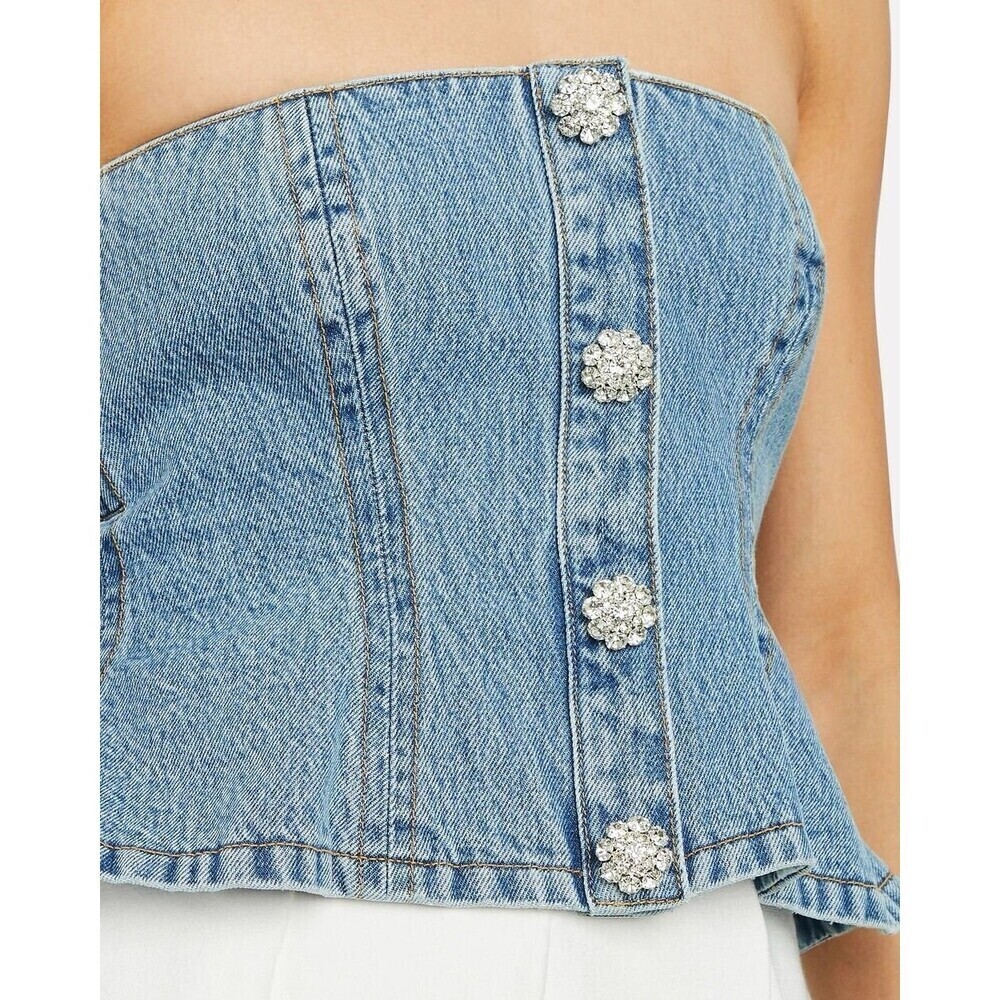GANNI Rhinestone-Embellished Denim Bustier Blue Size 36 / US 4 Small - Picture 6 of 13